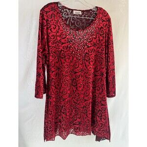 Vejaiz Designs Red Velvet Rhinestone Tunic Blouse